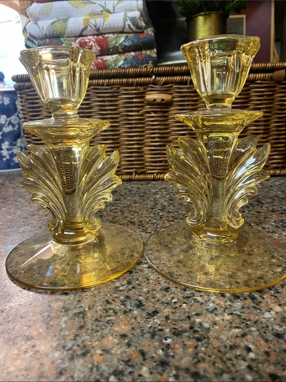 Vintage 1940’s Fostoria Baroque Topaz Yellow Glass Candlesticks